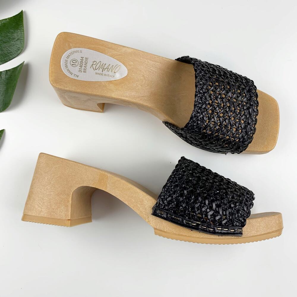 Romano Sandals Chunky Platform Faux Wood Woven Black Slip On Italy Women's 10